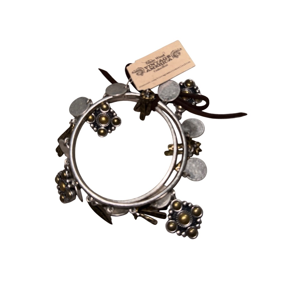 Nine West Vintage America Collection Silver Brass Charm Bangle Bracelet Set NEW